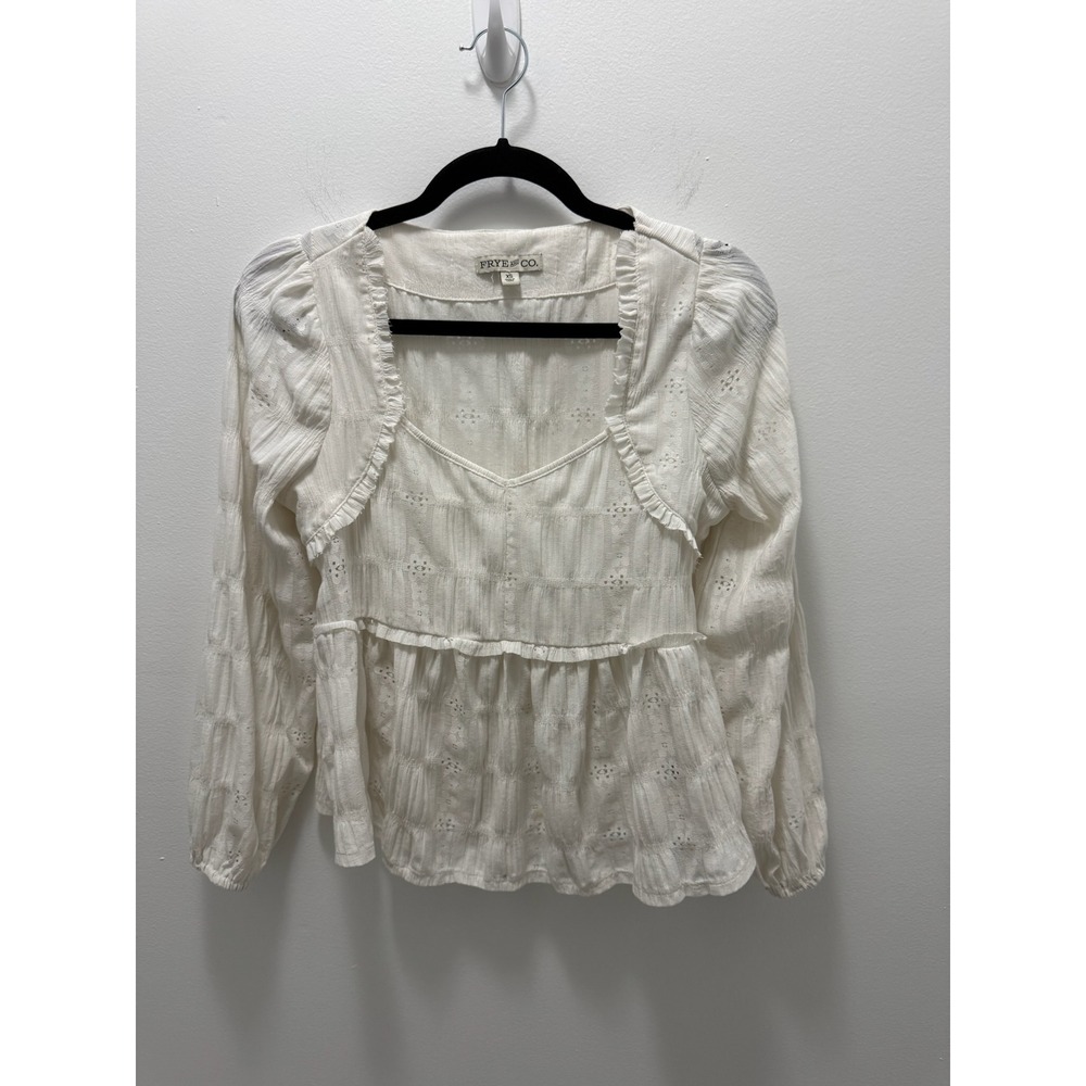 Frye and Co Womens White Eyelet Ruffle Peplum Blouse Long Sleeve XS